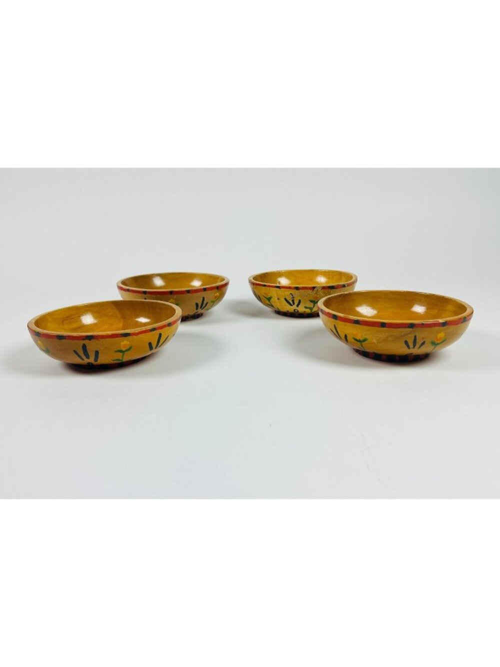 Vintage Occupied Japan Wooden Bowls 4 Floral Yellow & Green Rustic Decor
